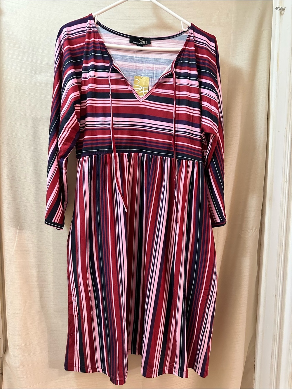 Suzanne Betro Striped Empire Waist Midi Dress Pink Burgundy Navy Medium